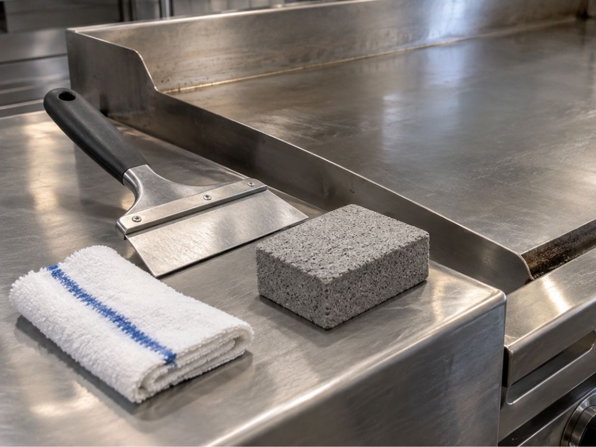 Cách Vệ Sinh Bếp Chiên Phẳng Đúng Chuẩn, Bền Đẹp Lâu Dài 2 Bộ dụng cụ vệ sinh bếp chiên phẳng gồm cây gạt, đá mài và khăn lau