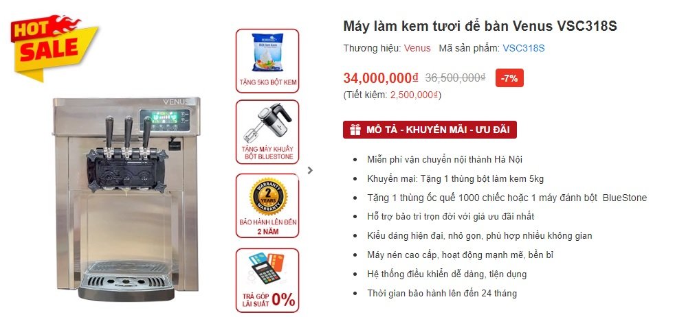 Top 3+ máy làm kem tươi 1 vòi, 3 vòi, để bàn cho kinh doanh quán nhỏ 6 Máy làm kem Venus VSC318S